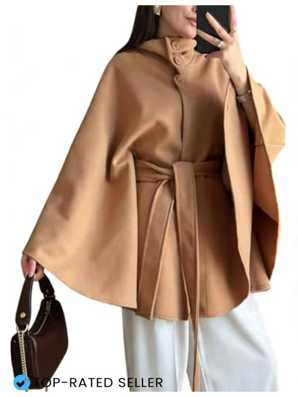 Wool Blend Poncho Cape Coat Oversized Belted Stand Collar Trench Outerwear